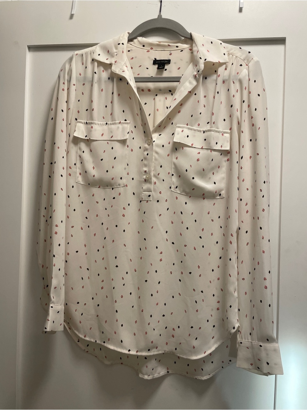 Ann Taylor Cream Button-Neck Blouse with Pink and Black Dot Print